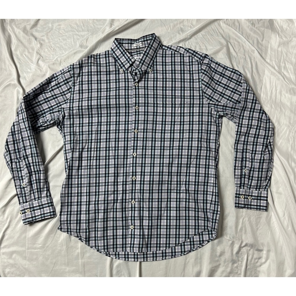 Peter Millar Mens Large Blue Plaid Cotton Blend Stretch Button Down Shirt L